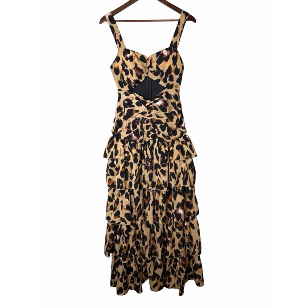 Blithe Los Angeles Cheetah Print Ruffle Cut Out Maxi Dress Brown Small BD1592